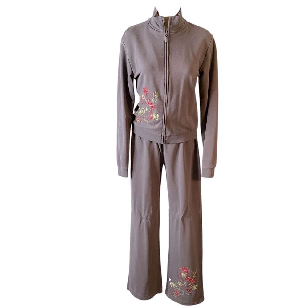 FINITY Loungewear Jacket and Pants Set Vintage Embroidered Gray Medium